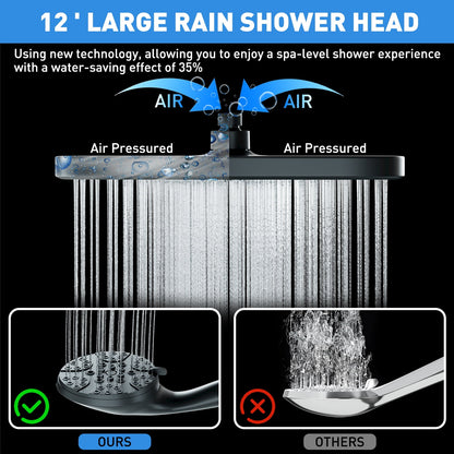 DTIG 12 inch Rain Shower Head, 8-Setting High Pressure Shower Head with Handheld, Shower Bracket and Hose Black