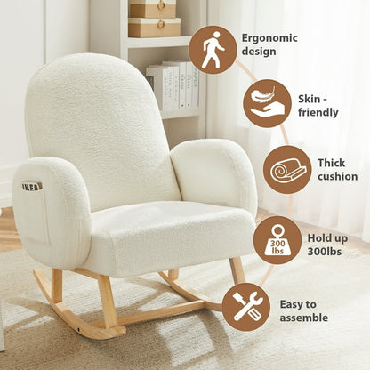 Nifamembo Teddy Nursery Rocking Chair with Solid Wood Legs, Side Pockets for Living Room