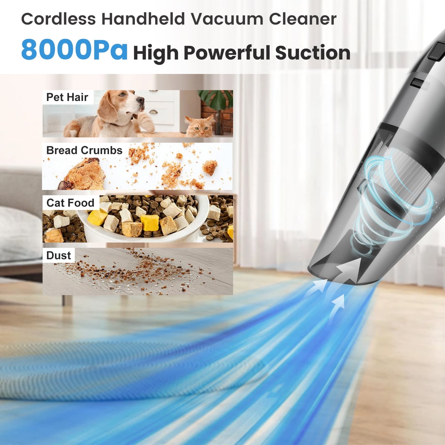 Cordless Handheld Vacuum, Portable Car Vacuum Cleaner, 8KPA Powerful Suction for Car and Pet Hair, Gray