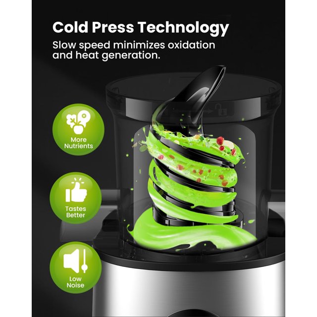 Cold Press Juicer Machines, 4.25'' Large Feed Chute Masticating Slow Juicer Fits Whole Fruits and Vegetables, Low Noise, Easy to Clean, Silver