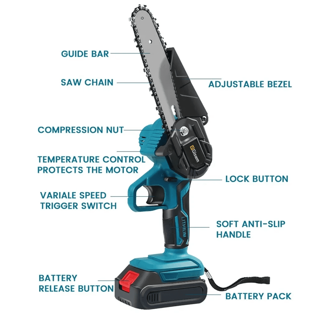 Gisam Upgraded Mini Chainsaw 6 Inch with Brushless Motor, 2 x 2.0Ah Batteries, 3 Chains , Battery Powered Handheld Chain Saw for Tree Trimming Wood Cutting