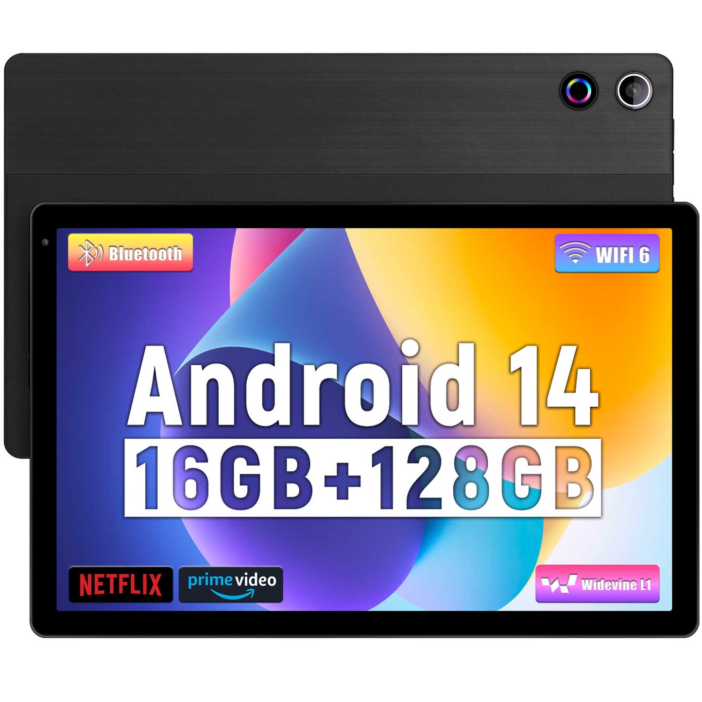 10.36'' Android 14 Tablet with 16GB RAM 128GB ROM 1TB TF Card Expandable Octa-Core, Widevine L1, 1280 * 800 HD Touchscreen, Face ID, Wi-Fi 6, Fast Charging - Black