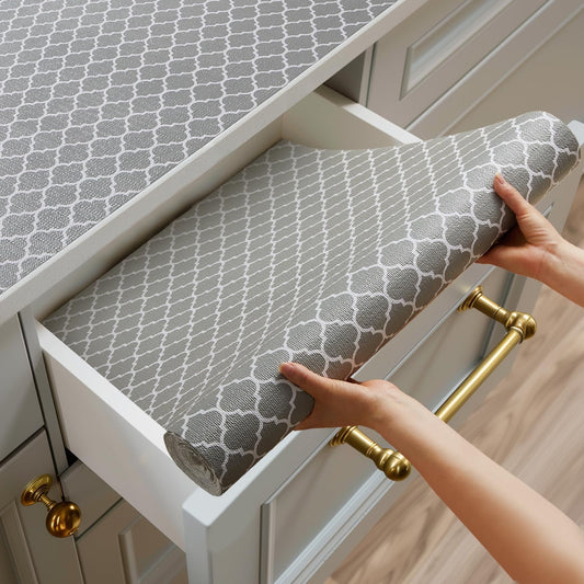 12"W x 118.1"L Shelf Liner Drawer Liner for Kitchen Cabinet Non-Adhesive, Strong Grip Anti Slip Cabinet Liners for Shelves, Durable Waterproof Cupboard Liner, Gray, 12 in x 10 Feet