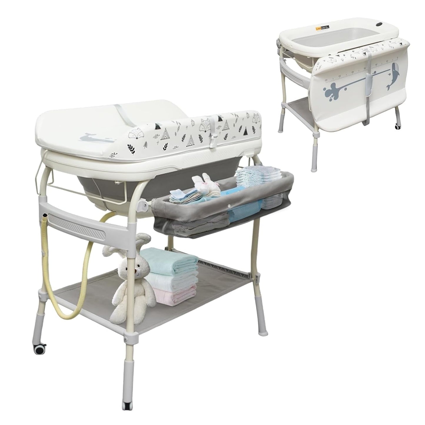 2 in 1 Baby Bathtub with Changing Table, Wanan Waterproof Diaper Changing Station Portable Changing Table Adjustable Height Nursery Organizer with Storage Racks for Newborn Infant Toddler