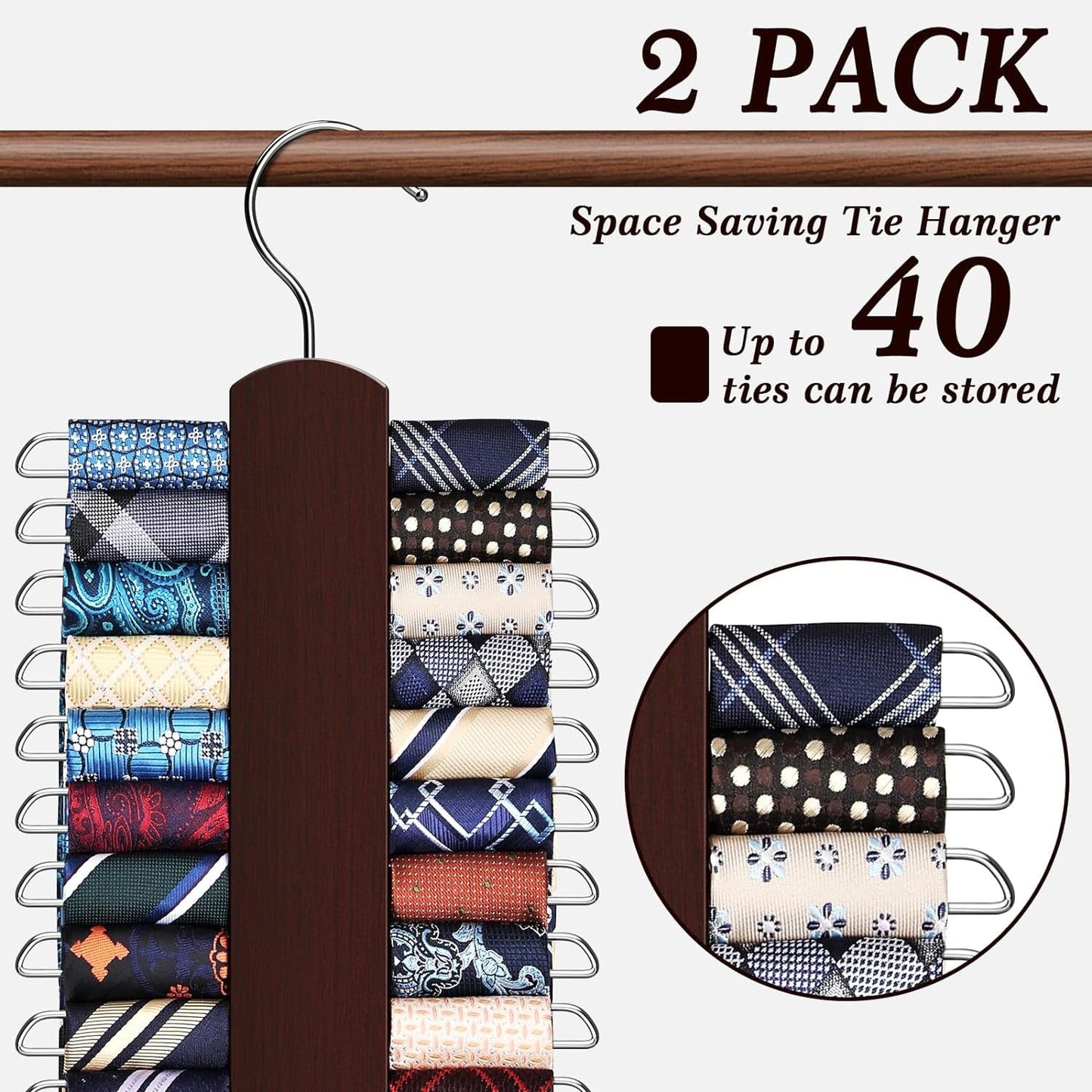 2 Pack Tie Rack for Closet, Premium Wooden Necktie Organizer Storage Tie/Belt Hanger, 360 Degree Swivel Space Saving Ties Holder for Men Hanging 40 Ties, Scarves Red