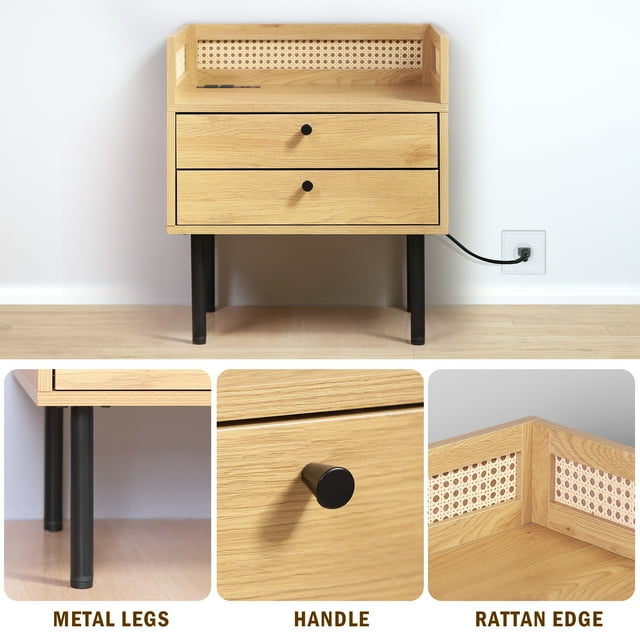 Nifamembo Nightstand with Charging Station & Rattan Edge for Bedroom, Living Room - Natural