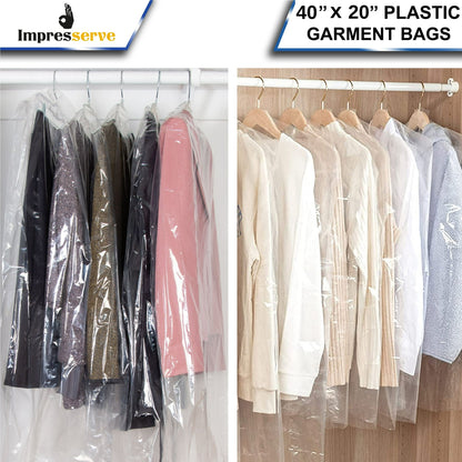 Impresserve 40 x 20 Inch Plastic Garment Bags, 50 Count, Clear Plastic Protector Bags