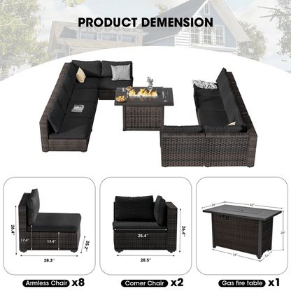 Grezone 11 PCS Outdoor Patio Furniture Set with Fire Pit Table, Wicker Patio Conversation Set, Black