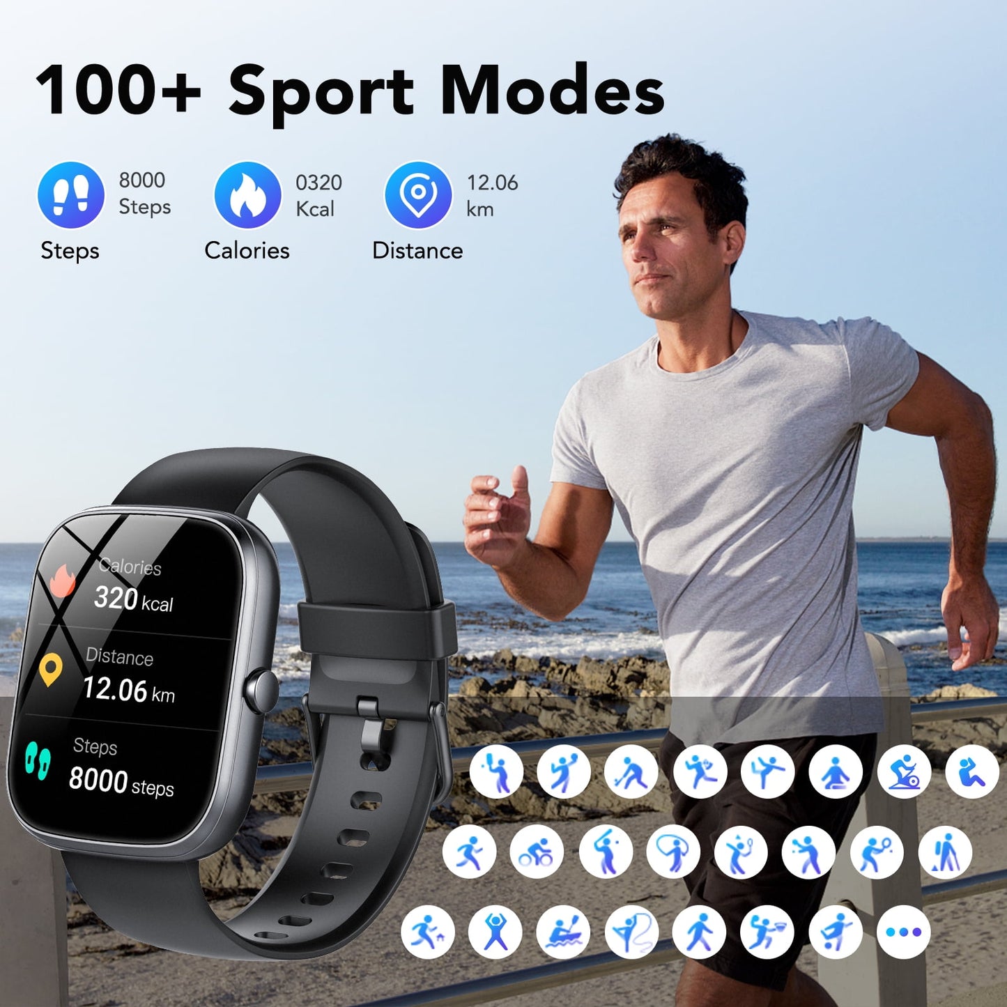 Smart Watch for Android and iPhone, IP68 Waterproof Smartwatch for Women Men 100+ Sports Modes 1.91-inch Fitness Tracker, Smart Watch with Bluetooth Call(Answer/Make Calls), for Gift Black