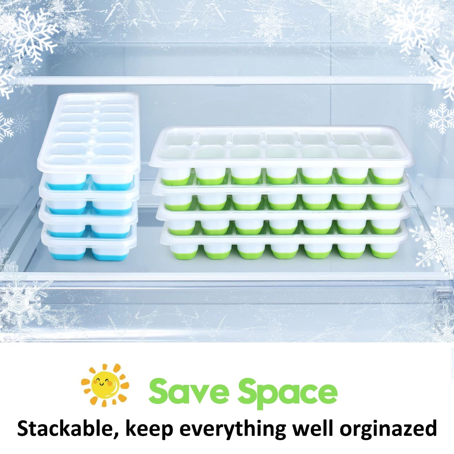 Rongsi Silicone Ice Cube Tray, 4 Pack Easy-Release & Flexible 14-Ice Cube Trays with Spill-Resistant Removable Lid, Stackable Ice Trays with Covers for Freezer, Cocktail