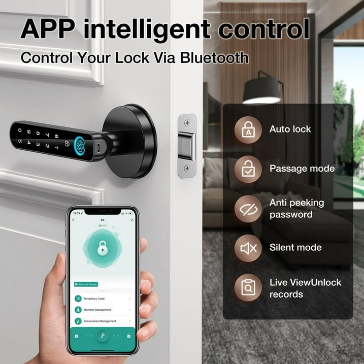 Smart Door Lock, Emlimny Keyless Entry Door Lock with Handle, Fingerprint Door Lock with Tuya APP, Smart Door Knob with Key for Home Bedroom