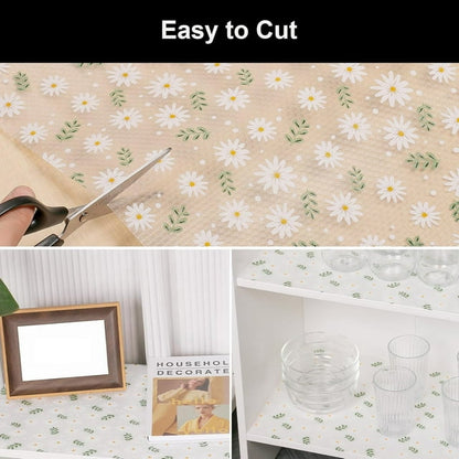 11.8"×118.1" Green Daisy Shelf Liner, 350g - Durable Non-Slip Liner for Kitchen Cabinets, Waterproof Shelf, Drawers & Shelves, No Slip Cupboard Mats Non Adhesive EVA Place Mats Roll