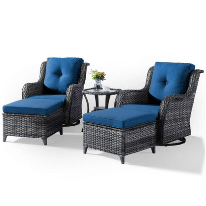 Gymojoy 5Pcs Outdoor Swivel Glider Wicker Patio Lounge Chair Conversation Set Patio Chairs Chat Set with Ottomans,Gray/Navy