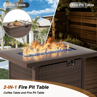 Grezone 15 Pieces Patio Furniture Set with Fire Pit Table, All Weather Outdoor Sectional PE Rattan, Patio Conversation Sets Cushions & Black-glass Coffee Table for Garden Lawn Balcony Porch Deck, Red