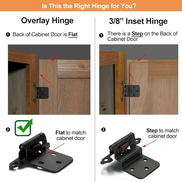 8 Pack 1/2" Matte Black Self Closing Cabinet Hinges for Flush Mount Kitchen Cabinet Door, Overlay (Variable) Face Frame Semi Concealed Kitchen Cabinet Hinges