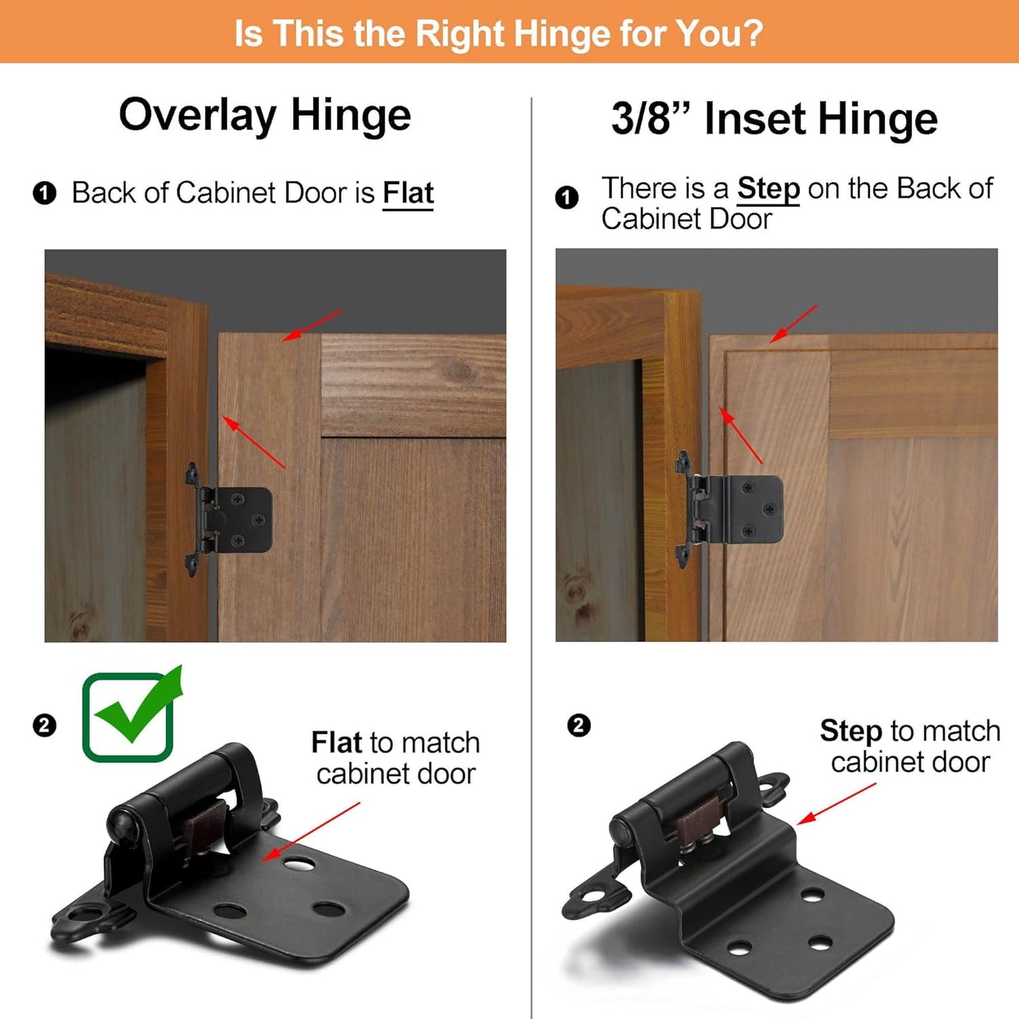 8 Pack 1/2" Matte Black Self Closing Cabinet Hinges for Flush Mount Kitchen Cabinet Door, Overlay (Variable) Face Frame Semi Concealed Kitchen Cabinet Hinges