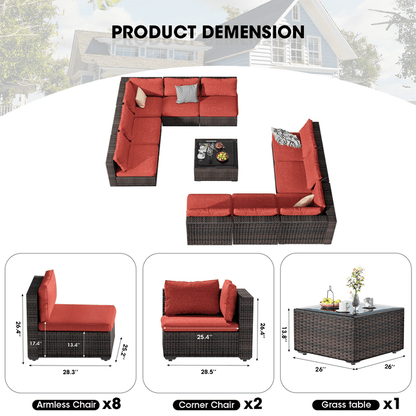 Grezone 11 Pieces Outdoor Sectional Patio Furniture Set, PE Rattan Outdoor Furniture Patio Conversation Set with Cushions and Glass Coffee Table for Porch Balcony Lawn and Garden, Red