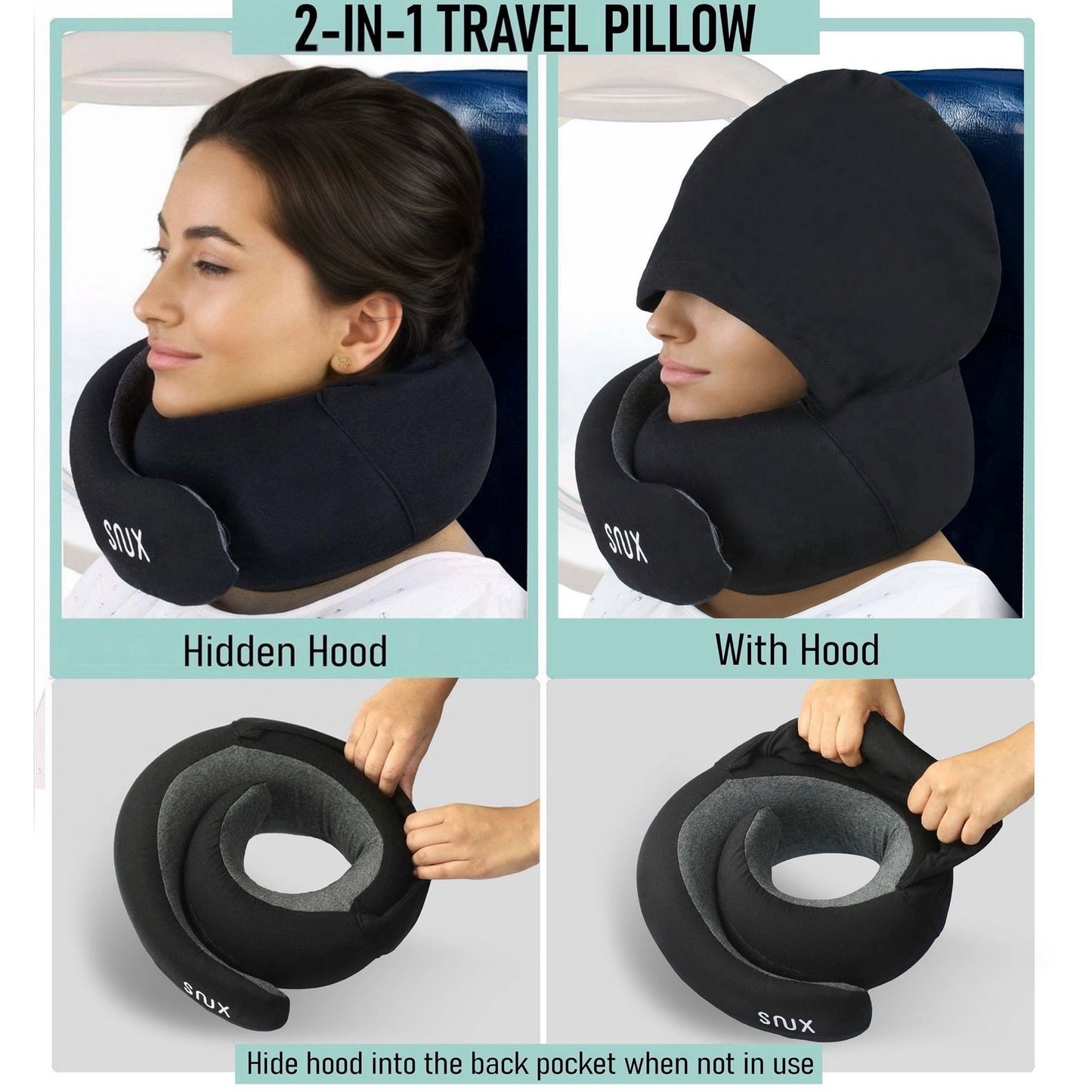 Snux Travel Neck Pillow with Hood - 360 Neck Support - Memory Foam - Hooded Travel Pillow (Gray)