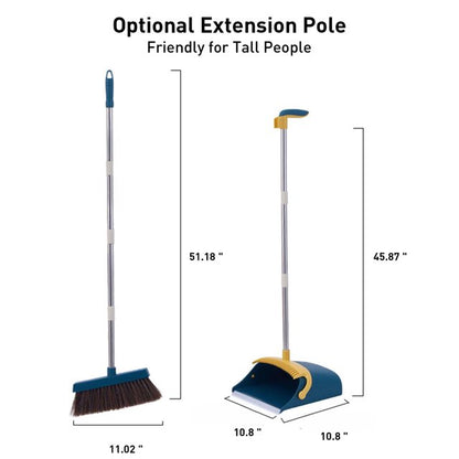 Broom and Dustpan Set, 51.2" Stand Upright Broom Sets with Dustpan Teeth for Indoor Outdoor Home Office Kitchen Pet Hair (Blue&Yellow)