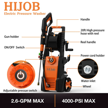 HIJOB Electric Pressure Washer, 4000 PSI Pressure Washers w/ 20 ft Hose, 4 Nozzles, Max. 2.6 GPM Power Washers for Patios/Cars/Fences/Driveways