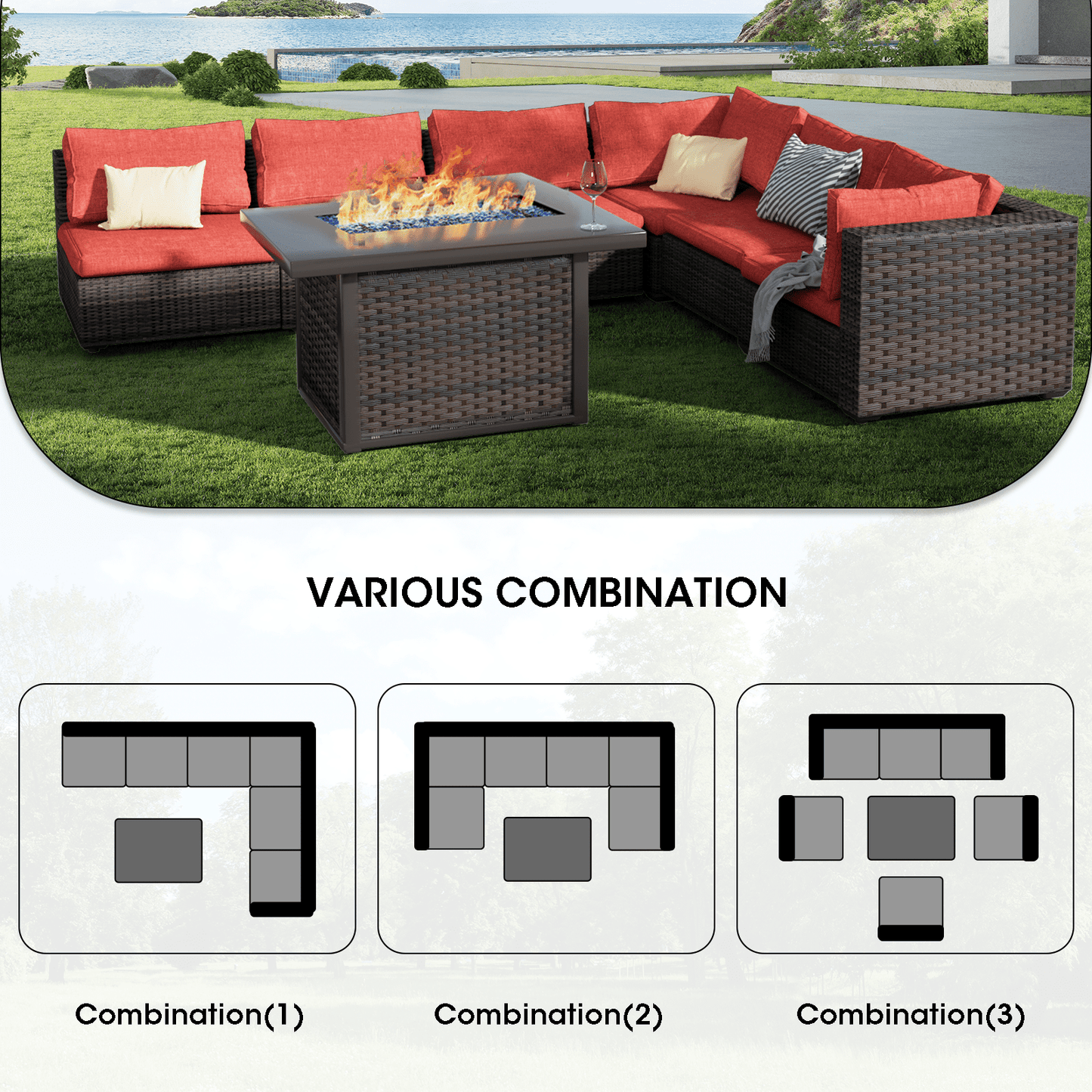 Grezone 7 Pieces Patio Outdoor Furniture Sets All Weather Wicker Sectional Sofa Couch Lawn Sectional Furniture with 43" 55000BTU Gas Propane Fire Pit Table (Red)