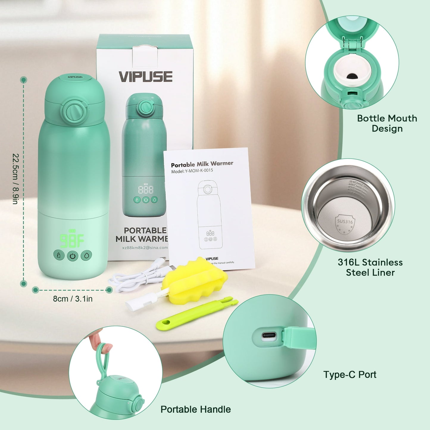 Vipuse Portable Bottle Warmer for Travel, Dual Heating Modes for Breast Milk and Water,12 OZ Portable Milk Warmer,Green