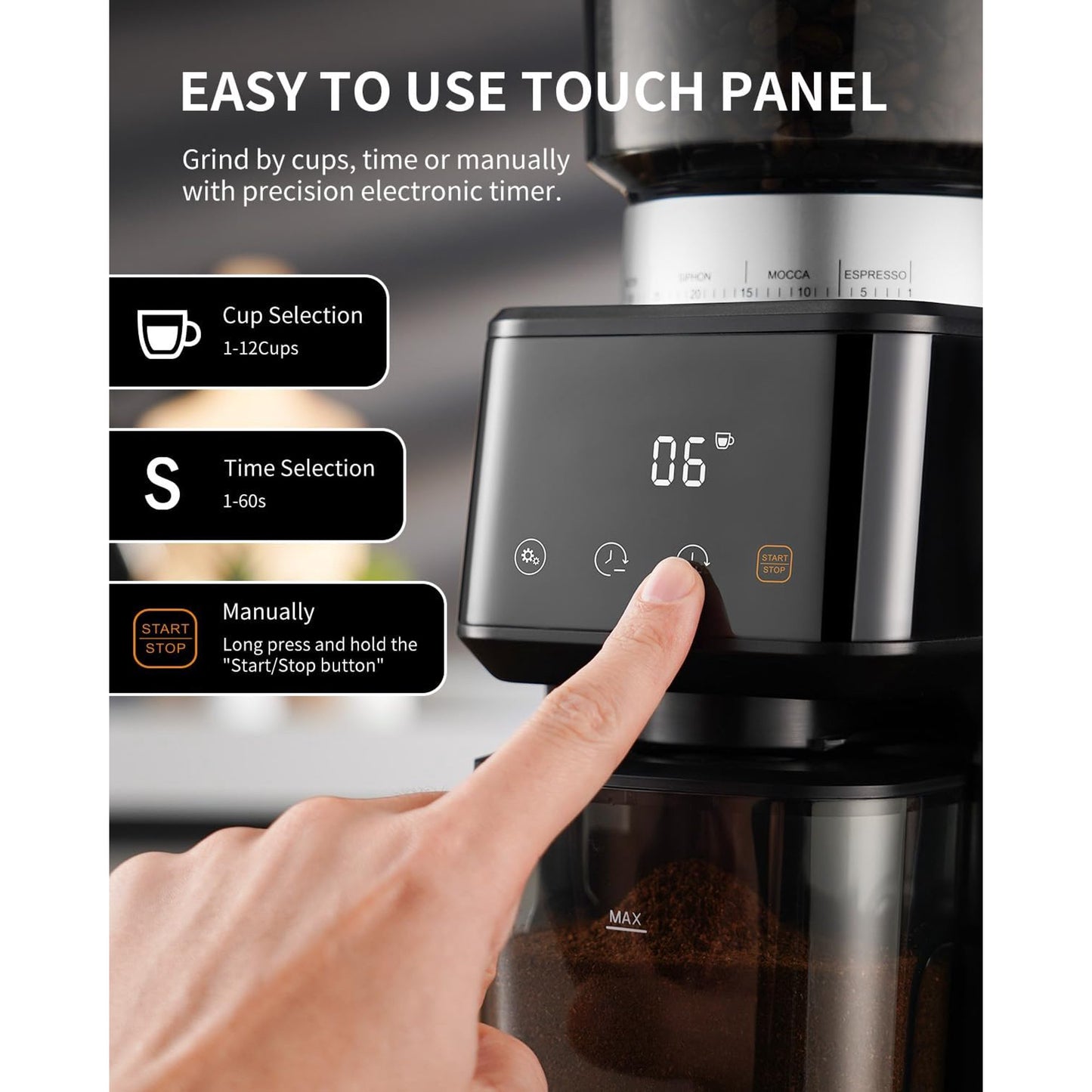 SHARDOR Conical Burr Espresso Coffee Grinder Electric with Precision Timer 2.0, Touchscreen Adjustable Burr Mill with 51 Precise Settings for Home Use, Anti-static, Stainless Steel