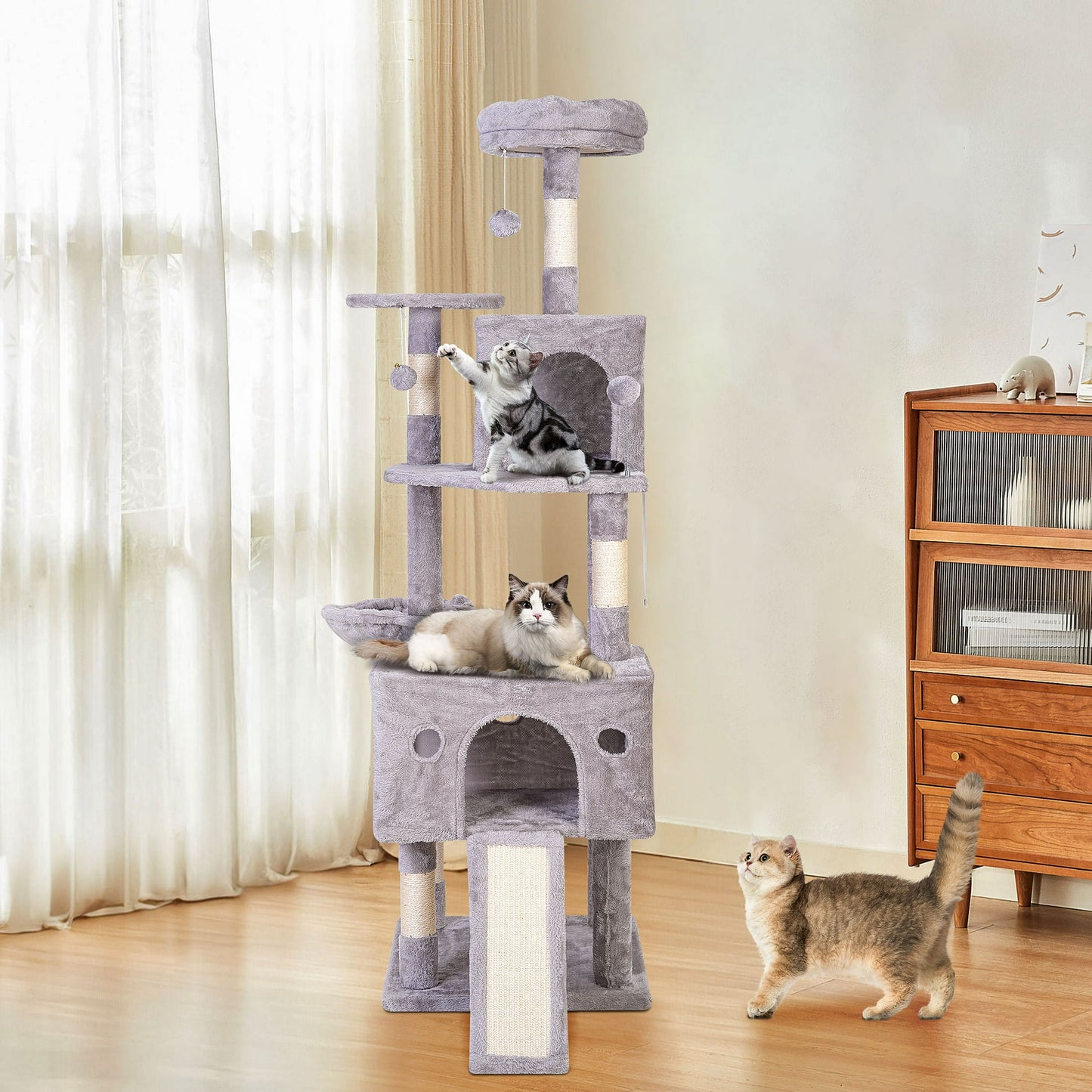 Hijob 65" Cat Tree/Condo/Sisal Scratching Posts/Top Perch, Cat Tower for Indoor Cats, Gray