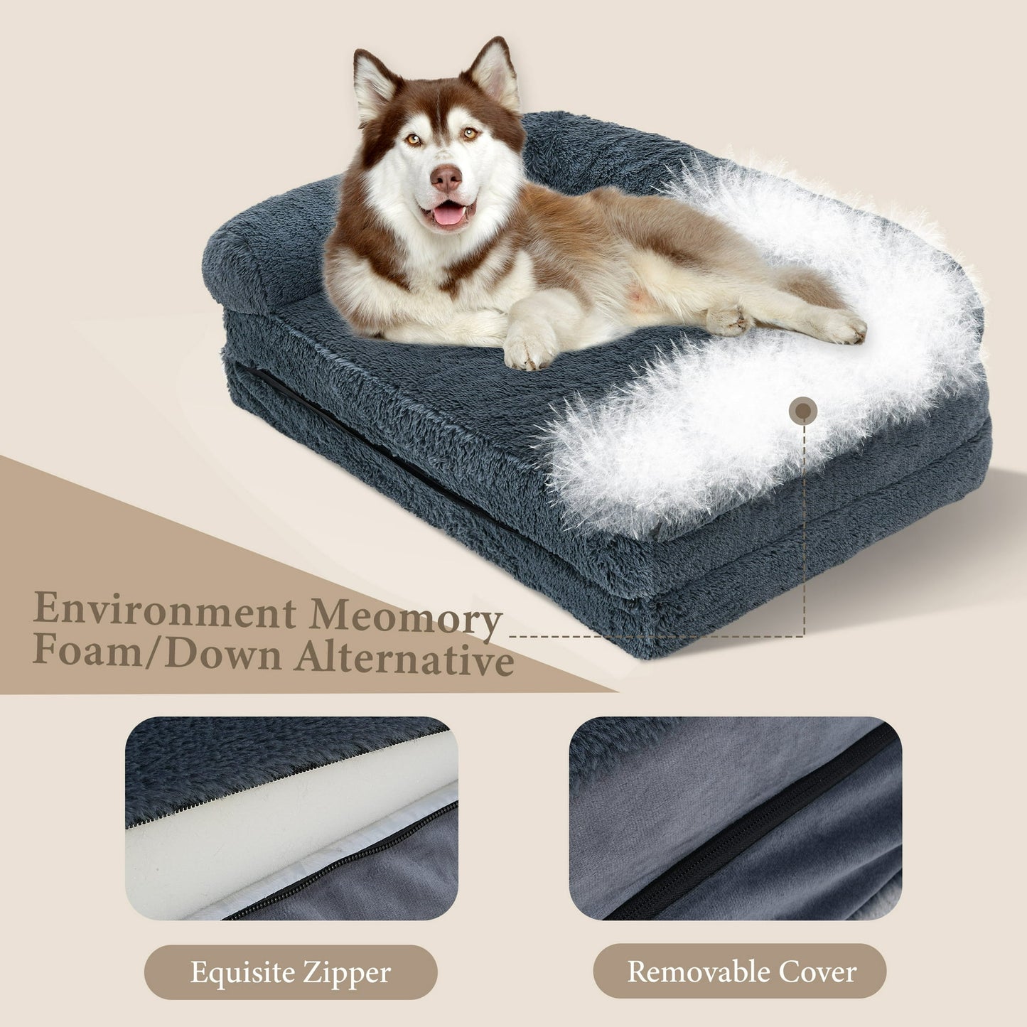 HIJOB Large Human Dog Bed, Foldable Human Dog Bed for Adult, Washable Faux Fur Outdoor Dog Bed, Supportive Egg Foam Dog Couch, Orthopedic Dog Sofa Beds Fits Pet Families, Gray