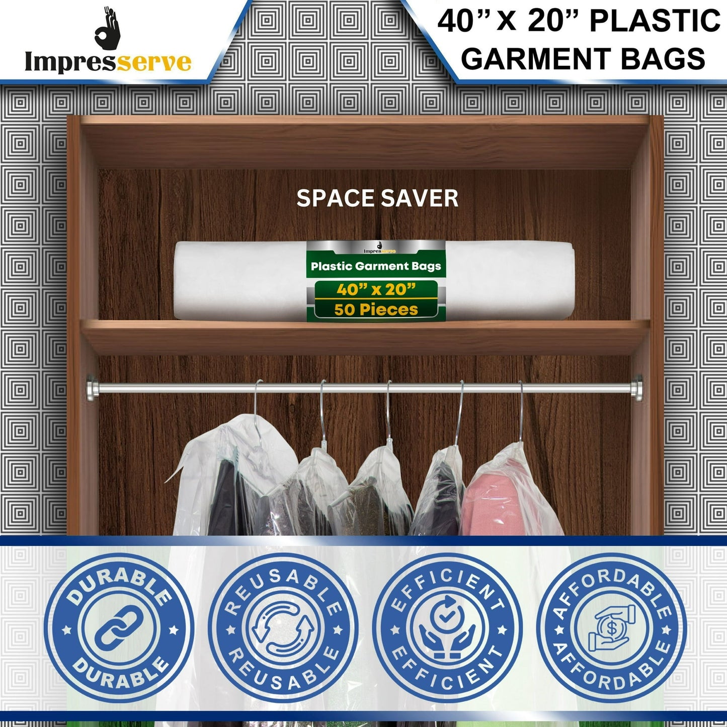 Impresserve 40 x 20 Inch Plastic Garment Bags, 50 Count, Clear Plastic Protector Bags