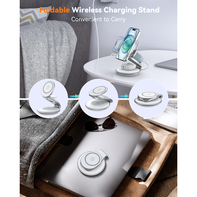 Wireless Charge: 3 in 1 Foldable Charger Station Fast Charging for iWatch Ultra/ AirPods