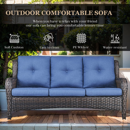 Gymojoy 3-Seat Patio Wicker Sofa Outdoor Rattan Sectional Couch Furniture Steel Frame with High Back,Deep Seat(Brown Wicker & Blue Cushion)