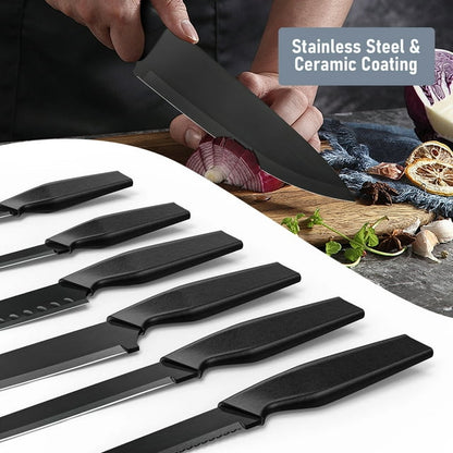 Knife Set, 13 Pcs Kitchen Knife Set with 6 Blade Guards, Stainless Steel Rustproof Blade, Nonstick Ceramic Coating, Dishwasher Safe, Black