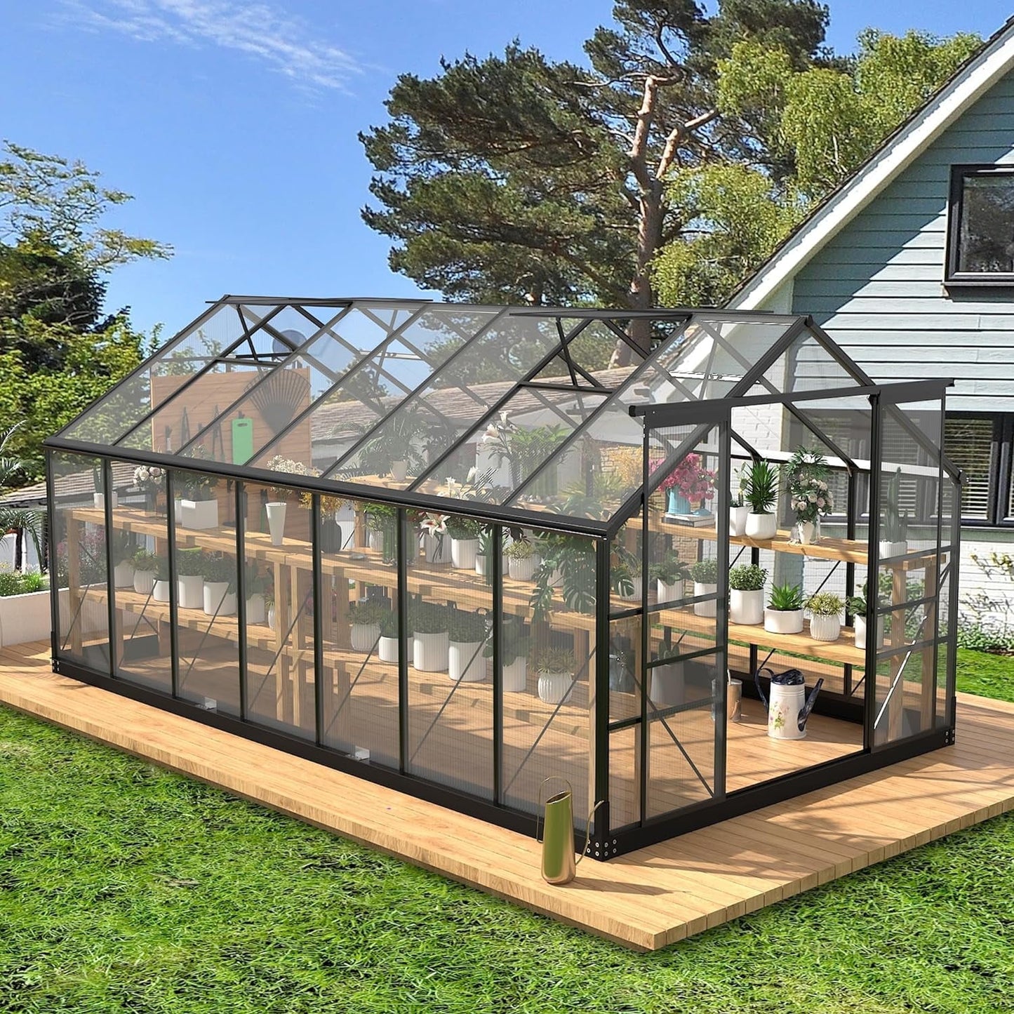 8 x 14Ft Large Outdoor Greenhouse with 2 Vent Window, Aluminum Frame, Sliding Door