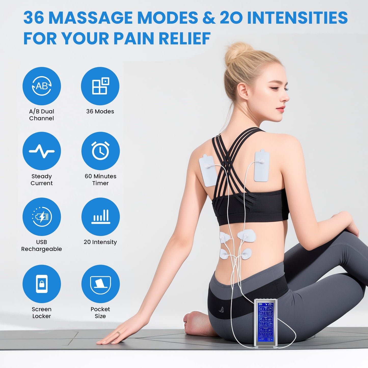 FETERVIC 3-in-1 TENS Unit Rechargeable Muscle Stimulator 36 Modes EMS Dual Channel with 10 Reusable Electrode Pads for Back Neck Pain Muscle Therapy Pain Management Pulse Massager, Sliver