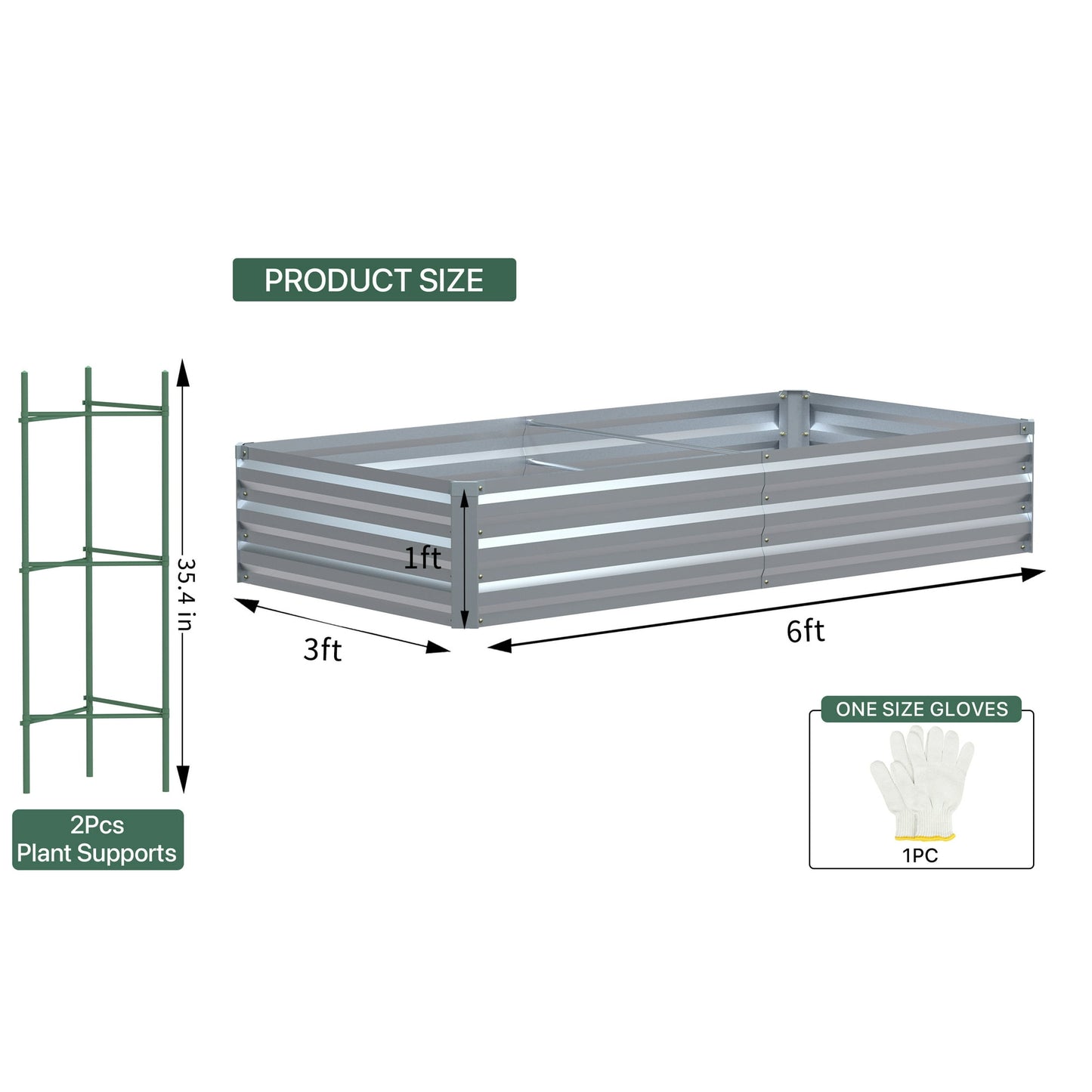 AMOBRO 6x3x1ft Outdoor Metal Raised Garden Bed Planter Box for Vegetables, Flowers, Herbs w/ 3 Tomato Cages Silver