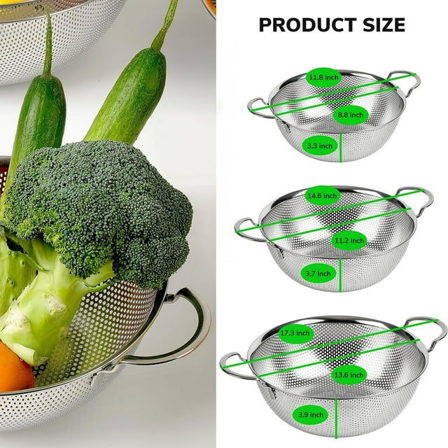 3 Pcs Steel Strainer Set,Handle Micro-Perforated Colander Strainers