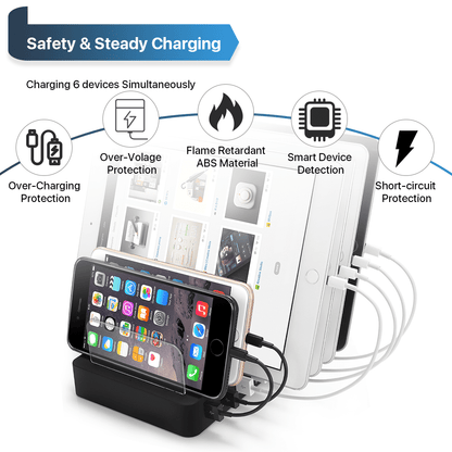 OWNTECH USB Charging Station for Multiple Devices 6 Port Multi Charger Station Compatible with iPhone iPad Cell Phone Tablets