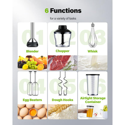 1000W 6-in-1 Immersion Blender, Stainless Steel Scratch Resistant Immersion Blender Handheld with 20 Speeds,Hand Blender with Whisk, Chopper, Beaker, Egg Beaters and Dough Hooks