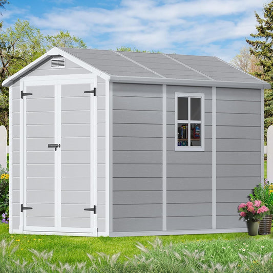 9 x 5.8 FT Outdoor Storage Shed, Linor Resin Shed with Floor, Window, and Vents, Weather-Resistant Garden Shed for Garden Tool Outside Sheds, Bike Shed, Backyard Shed