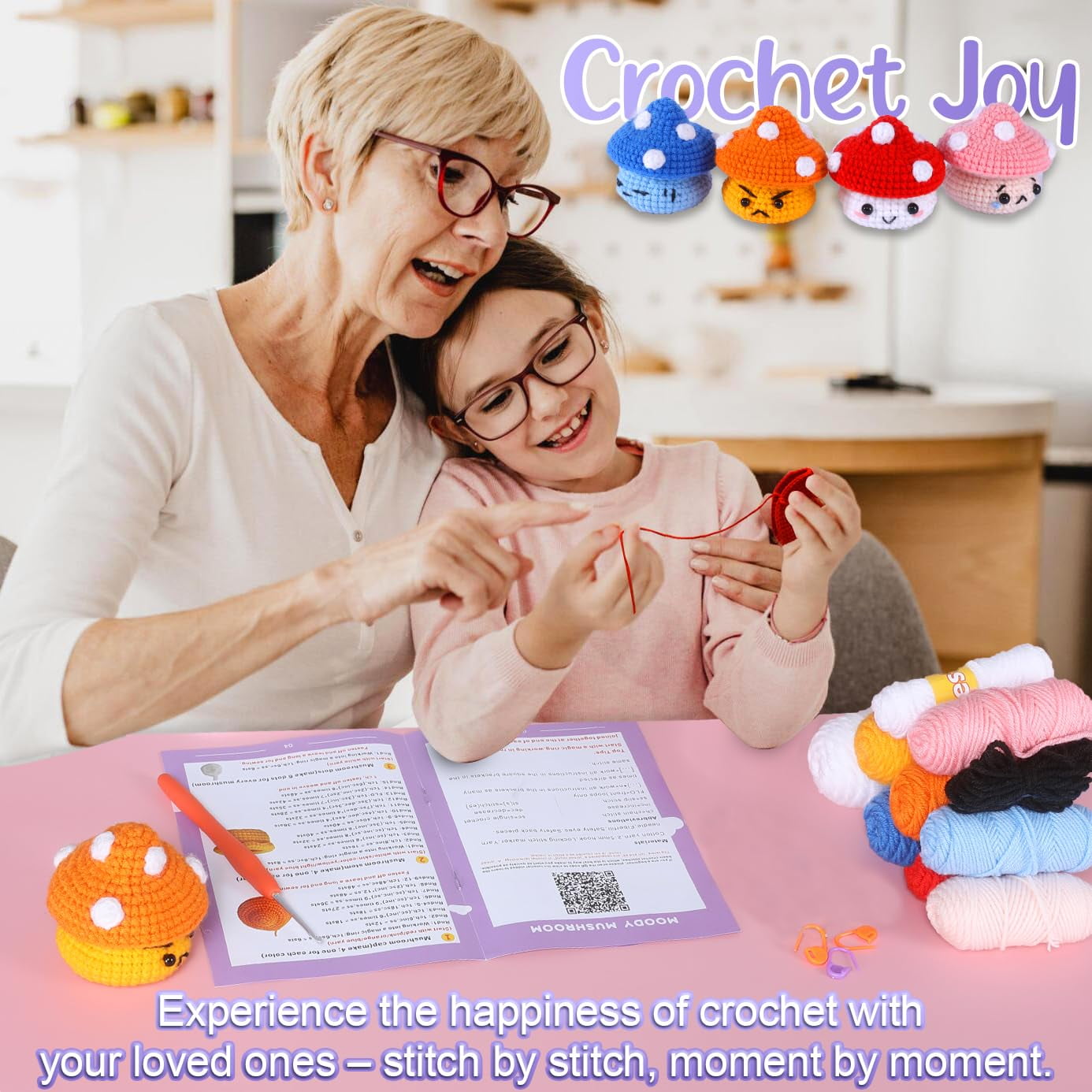 Sherry Beginner Crochet Kit – 4 Pack Mushroom Yarn Set for Kids & Adults – Easy DIY Knitting Supplies for Beginners – Learn Crochet with Beginner-Friendly Yarn