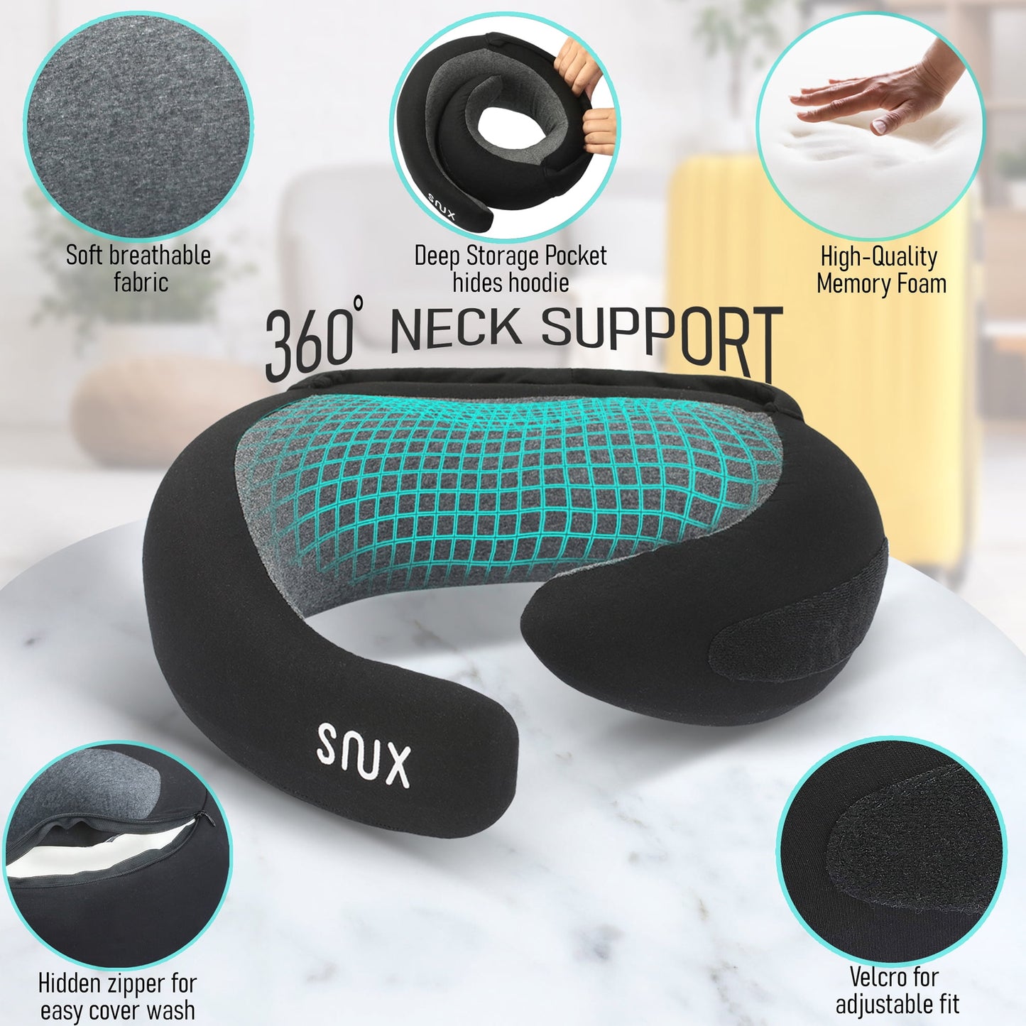 Snux Travel Neck Pillow with Hood - 360 Neck Support - Memory Foam - Hooded Travel Pillow (Gray)