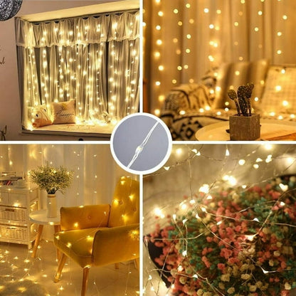 Window Curtain String Light for 3 Pack, ,300 LED Outdoor Indoor Wall Decoration，8 Modes Fairy Lights USB Remote Control Lights,Warm white(9.9x9.9 Ft)