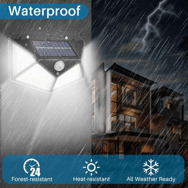 OWNTECH Solar Outdoor Lights Waterproof Motion Sensor 100 LEDs for Exterior Wall, Patio, Yard, Garage, Deck, Garden, 2 Pack