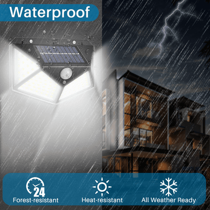 OWNTECH Solar Outdoor Lights Waterproof Motion Sensor 100 LEDs for Exterior Wall, Patio, Yard, Garage, Deck, Garden, 2 Pack