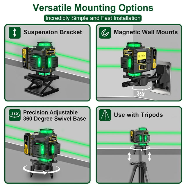 Gisam Laser Level Self-Leveling with tripod , 4x360° Green Cross Line 4D Laser Tool with Remote Control & 2* 4800mAh Battery