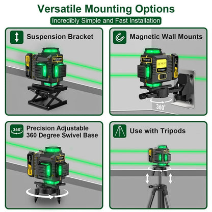 Gisam Laser Level Self-Leveling with tripod , 4x360° Green Cross Line 4D Laser Tool with Remote Control & 2* 4800mAh Battery