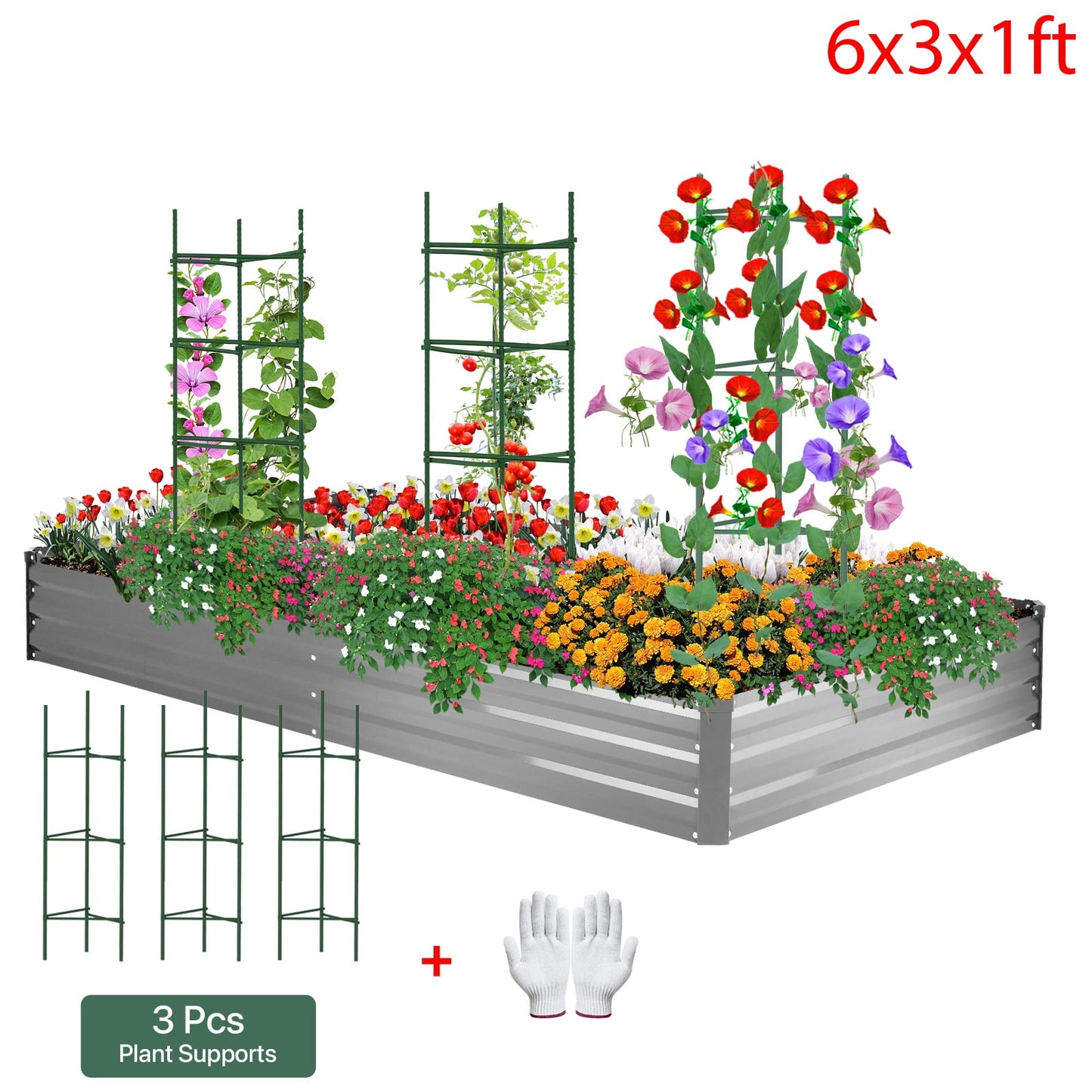 AMOBRO 6x3x1ft Outdoor Metal Raised Garden Bed Planter Box for Vegetables, Flowers, Herbs w/ 3 Tomato Cages Silver