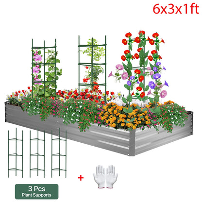 AMOBRO 6x3x1ft Outdoor Metal Raised Garden Bed Planter Box for Vegetables, Flowers, Herbs w/ 3 Tomato Cages Silver