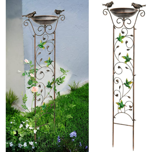 Antique Garden Iron Trellis with Decorative Hummingbirds Detachable Bird Bath Bowl Metal Potted Plant Support for Climbing Flowers